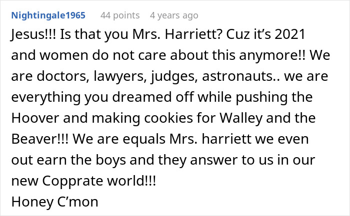 Screenshot of an online comment discussing frustrations about paying the price and eating fast food while wife works longer shifts.