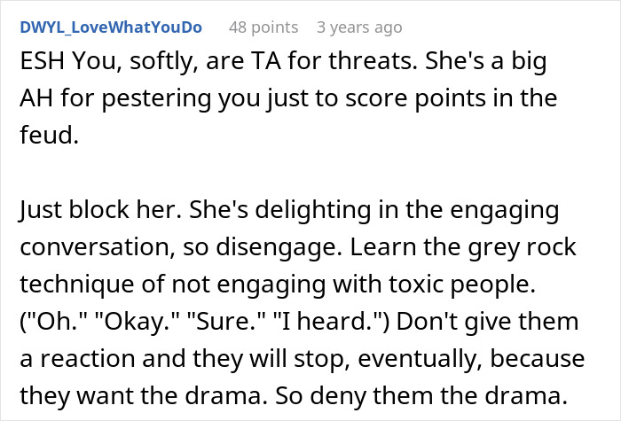Commenter advises blocking and disengaging from toxic threats, mentioning nurse stress and HIPAA secrecy about mother-in-law's secret date.