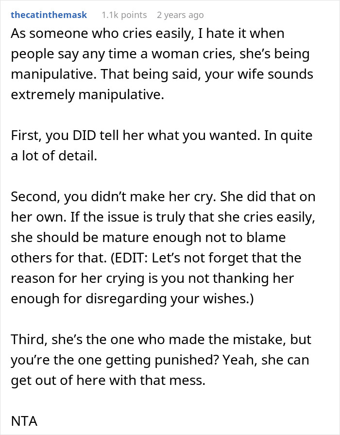 Comment discussing wife&rsquo;s tears and manipulation after lady throws big party for husband&rsquo;s birthday against his wishes.