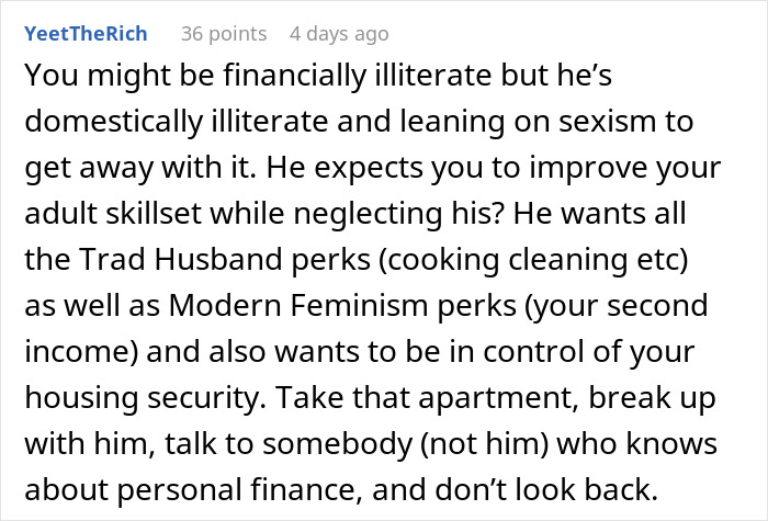 Comment discussing boyfriend giving girlfriend up to a year to fix finances before marriage, focusing on financial control.