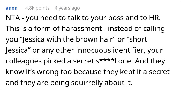 Screenshot of anonymous comment about workplace harassment regarding secret nicknames shared by colleagues.