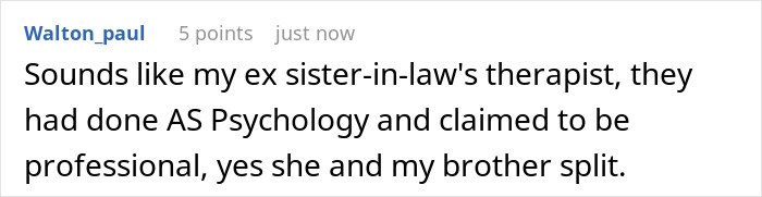Comment text on a social media post discussing therapy, marriage issues, and a breakup involving a therapist.