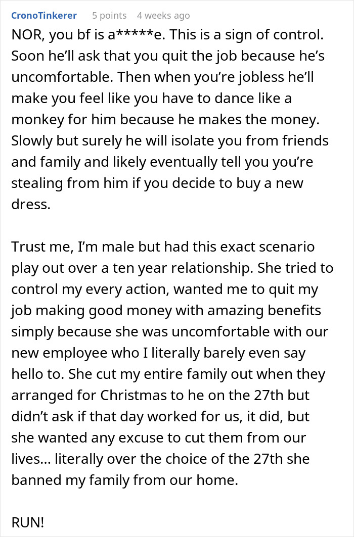Comment discussing control issues after boyfriend reacts to woman&rsquo;s conversations with boss, highlighting relationship warning signs.