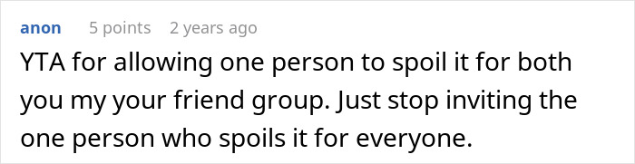 Screenshot of an online comment discussing frustration over a friend&rsquo;s strict diet affecting group events.