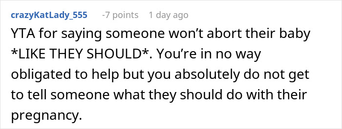 Commenter crazyKatLady_555 responding to a controversial post about refusing to help a spoiled brother and family conflict.