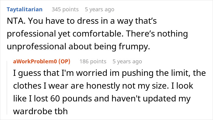 Screenshot of a forum discussion where a woman explains wearing frumpy clothes as protection from harassment at work.