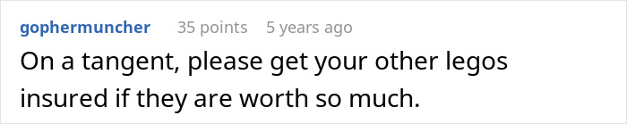 Comment advising to insure valuable Lego sets, highlighting concerns about theft and protection of expensive collections.