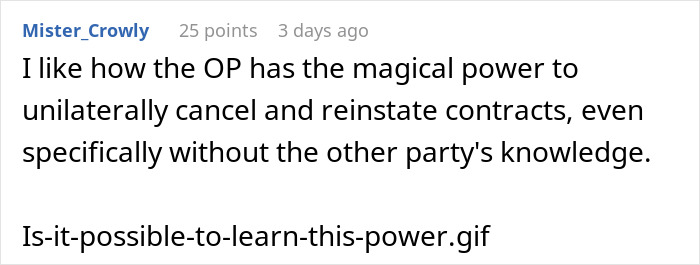 Screenshot of a Reddit comment discussing office coordinator's power to cancel and reinstate contracts unilaterally.