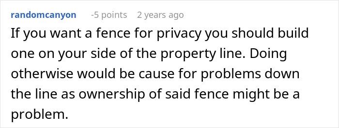 Screenshot of an online comment explaining property line fence ownership and privacy concerns in neighbor disputes.