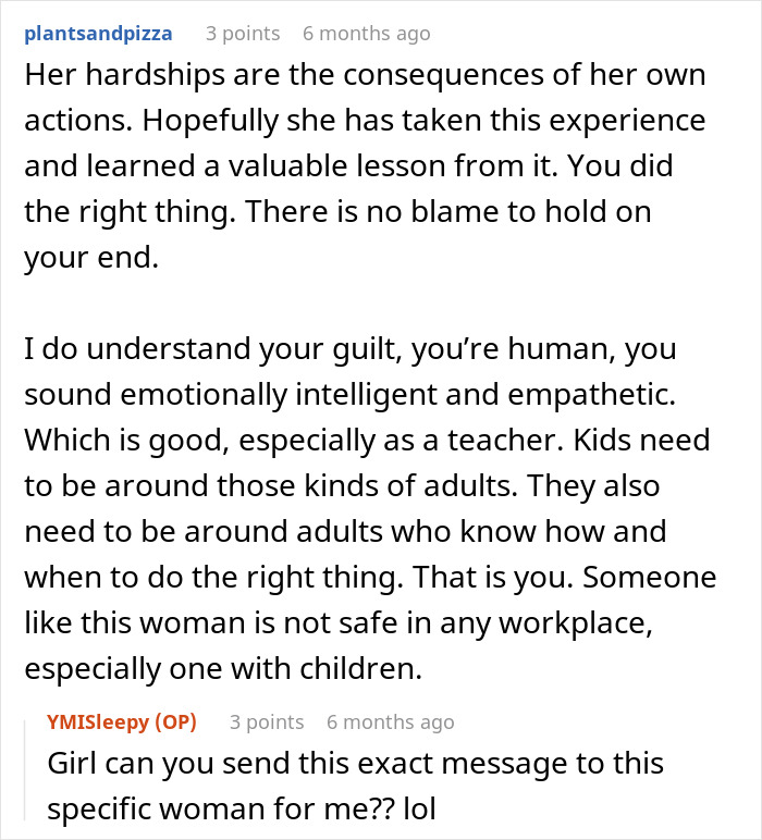 Screenshot of an online discussion about a teacher getting blacklisted for malicious threats causing a coworker to be hospitalized.