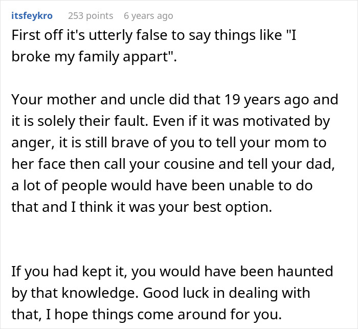 Comment discussing family conflict after one DNA test reveals uncle is actually father, causing major family chaos and emotional challenges.