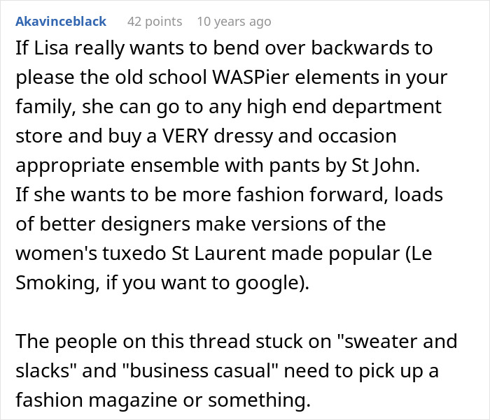 Comment discussing fashion alternatives as girlfriend refuses to wear dresses, highlighting a guy struggling with the issue.