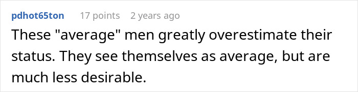 Screenshot of a user comment in an incel forum discussing perceptions of average men and their desirability.