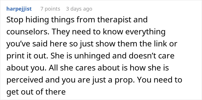 Comment advising a teen to be honest with their therapist despite risks, related to teen regrets and CPS involvement. Comment advising a teen to be honest with their therapist despite risks, related to teen regrets and CPS involvement.