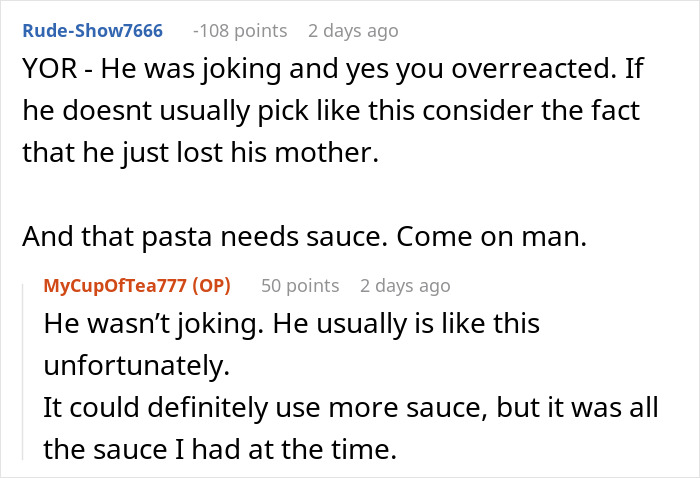 Screenshot of an online discussion about a woman bringing leftovers to support her boyfriend in mourning and food being called inedible.