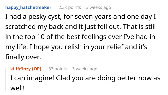 Screenshot of a Reddit conversation about long-term throat pain and finally solving a medical mystery after decades.