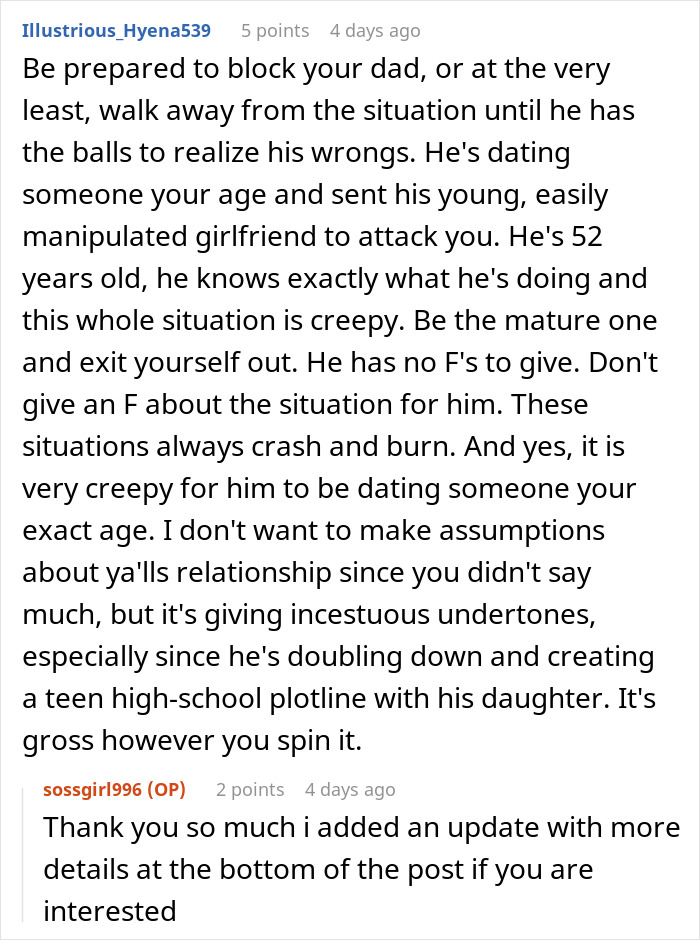 Woman Tells Dad She’s Not OK With Him Dating A 22YO, He Recruits Her To Harass The Daughter Woman Tells Dad She’s Not OK With Him Dating A 22YO, He Recruits Her To Harass The Daughter