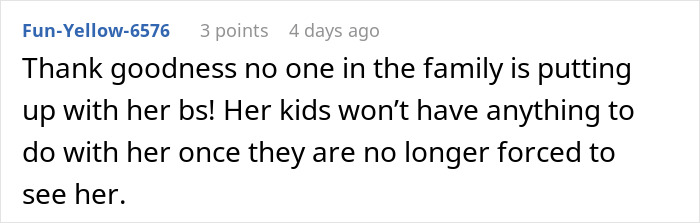 Screenshot of a comment criticizing a woman's parenting and family conflict after her kids contacted her brother for help.