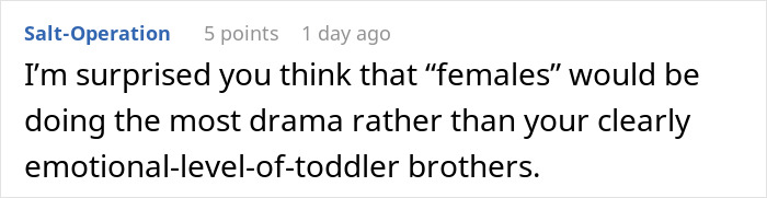 Comment about groom&rsquo;s brother causing drama at wedding and hosting a baby shower on the same day in an online discussion.