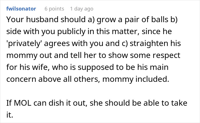 Comment on a forum discussing a woman making her mother-in-law cry after being shamed in front of everyone.