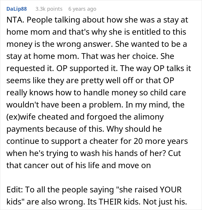 Screenshot of a Reddit comment discussing a woman&rsquo;s easy-going lifestyle ending after her husband discovers her affair and leaves.