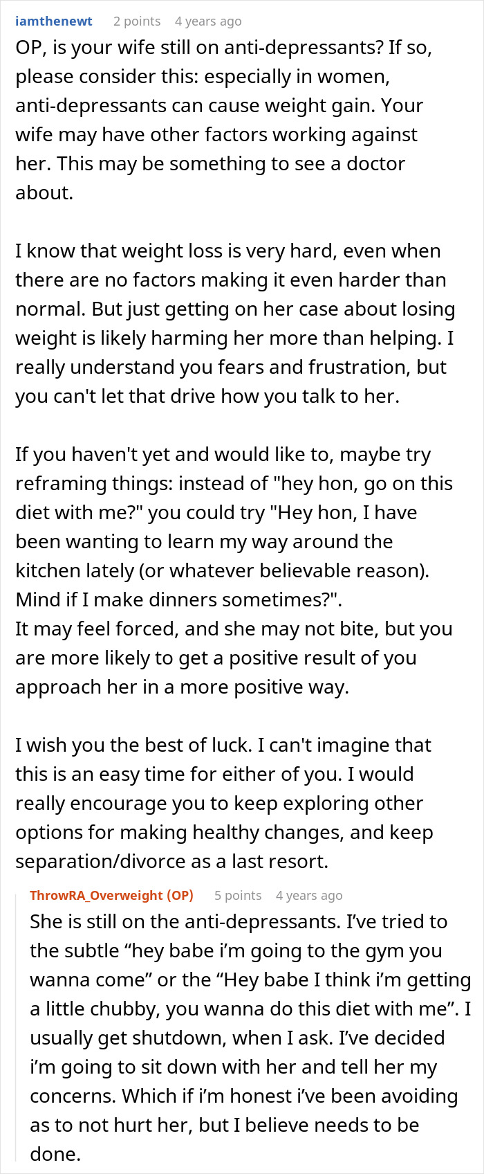 Reddit conversation showing a husband struggling to accept his wife&rsquo;s weight gain while discussing antidepressants effects.