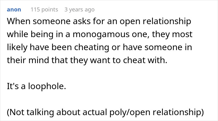 Comment discussing trust issues in open relationships and reasons behind suggesting them during monogamous relationships.