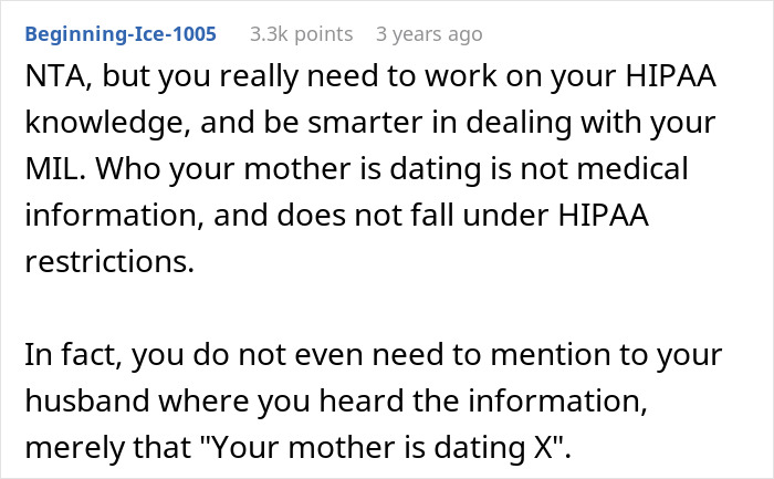 Screenshot of Reddit comment discussing HIPAA rules and the stress of keeping MIL dating info secret as a nurse.
