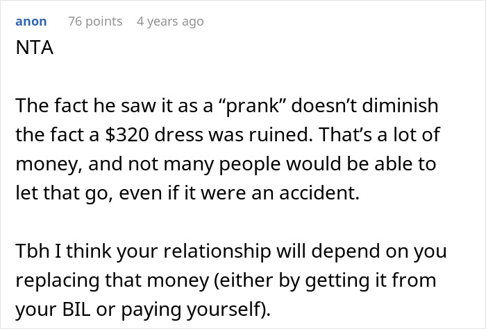 Screenshot of a forum comment discussing groom pranks and the refusal to pay for damages to BIL’s girlfriend’s dress.
