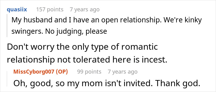 Screenshot of a conversation about open relationships and boundaries, related to MIL catfishing to prove cheating attempts.