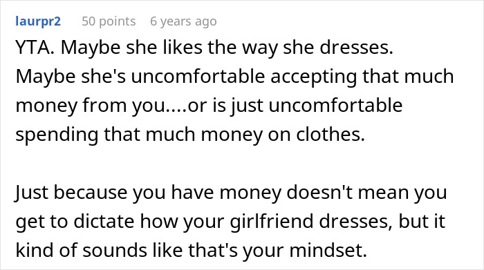 Comment discussing embarrassment and control issues related to girlfriend&rsquo;s style and childhood trauma resurfacing.