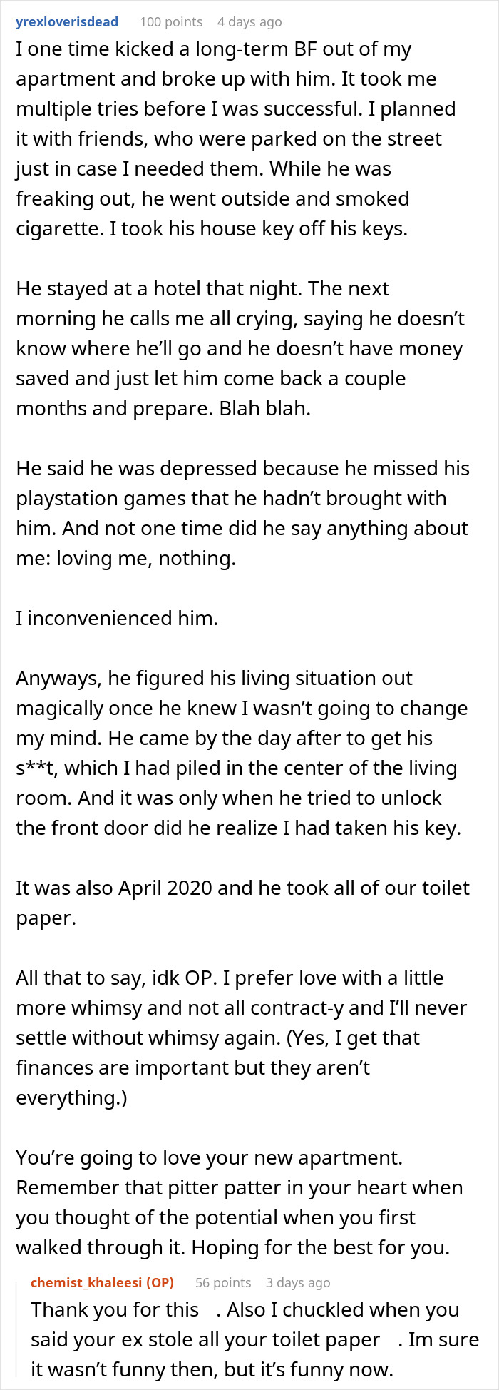 Text post about a boyfriend giving his girlfriend up to a year to fix finances before marriage, sharing personal breakup story.