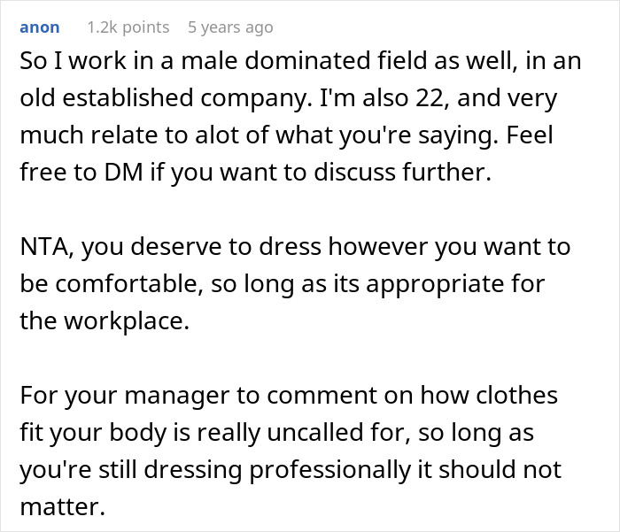 Text excerpt discussing a woman told her frumpy clothes aren&rsquo;t professional as her shield from harassment in a workplace.