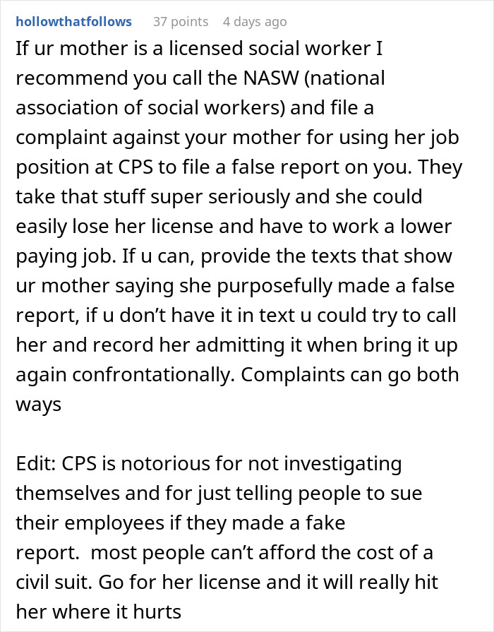 Text advice about filing a complaint when a mother uses her social worker job to make false reports postpartum boundaries.