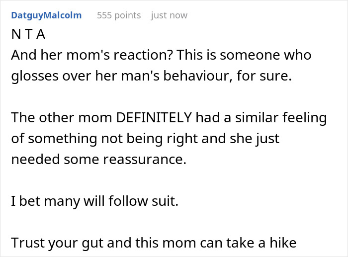 Comment discussing mom pulling the plug on sleepover after daughter’s friend’s dad gave creepy vibes.