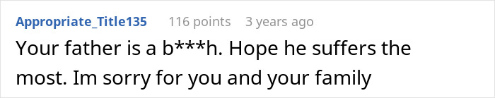 Screenshot of an online comment expressing anger after woman learns father had secret son, causing family to fall apart.
