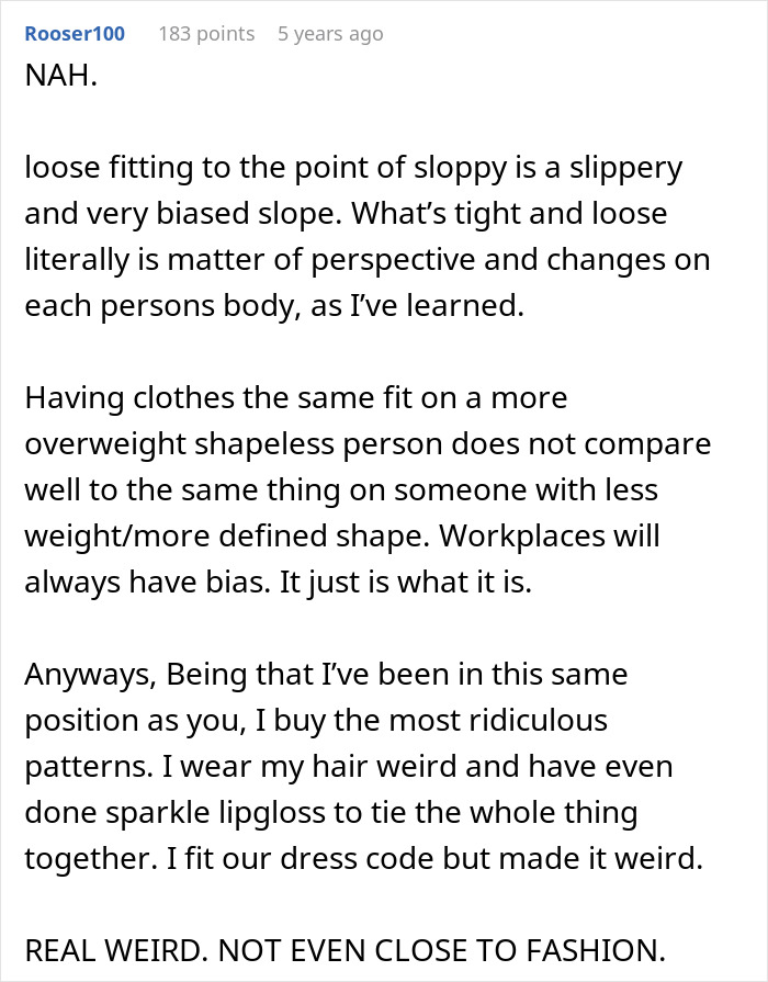 Screenshot of a user comment discussing frumpy clothes, workplace bias, and professional dress codes from a harassment protection perspective.