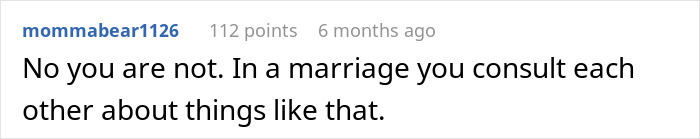 Reddit comment discussing marriage trust after family moves in and the wife's discovery of the real reason behind it.