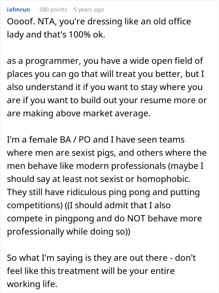 Text excerpt from a woman discussing how dressing frumpy serves as her shield from workplace harassment.