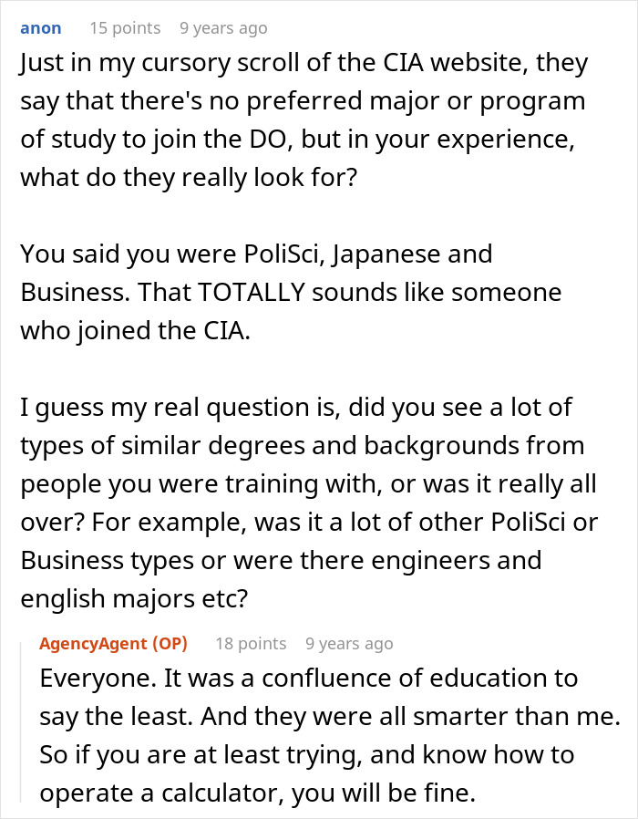 Former CIA case officer answering questions about backgrounds and education sought for CIA roles in an online discussion.