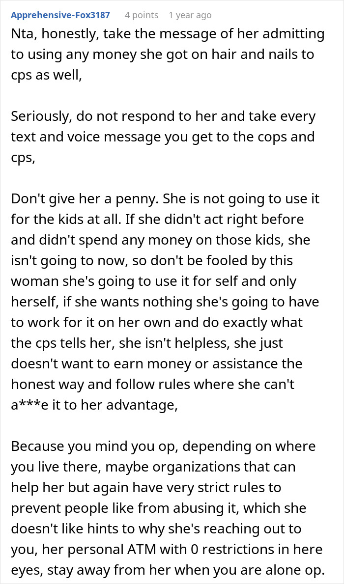 Screenshot of a Reddit comment discussing concerns about money misuse and child protection services involvement in a troubled family.