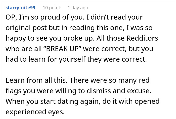 Reddit comment praising OP for breaking up, highlighting red flags and handling maid of honor duties at friend&rsquo;s wedding.