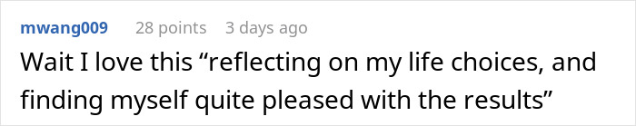 Comment on Reddit post with 28 points, humorously reflecting on life choices and personal satisfaction with results.
