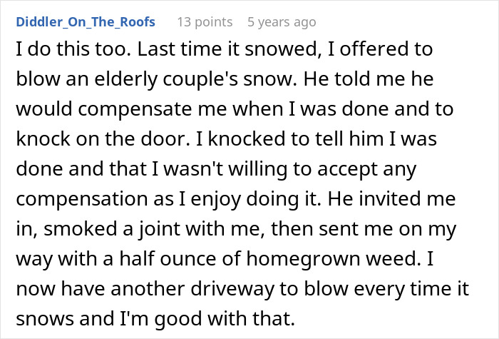 Man using snowblower to clear driveway, ensuring only neighbor&rsquo;s driveway remains snowed in during winter snowfall.