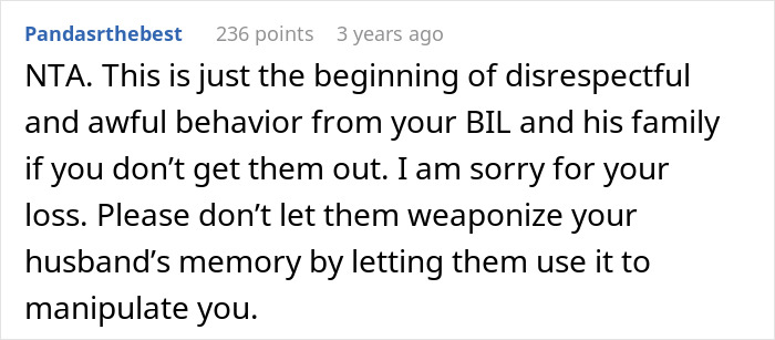 Reddit comment discussing disrespectful behavior from late husband&rsquo;s brother and family after woman's loss.