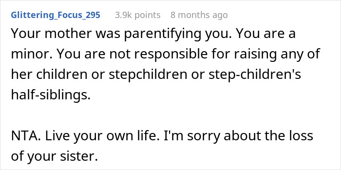 Comment about a teen sick of being a third parent to seven kids at his mom's house, expressing boundaries and grief.