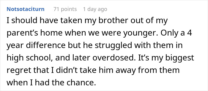 Comment about regret over not protecting a sibling, related to neglectful mom and family defense issues.