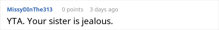 Comment reading YTA, mentioning sister's jealousy in a casual online forum discussion.