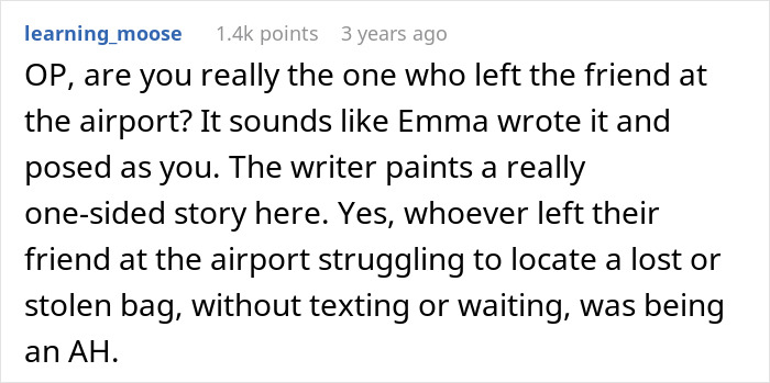 Screenshot of a Reddit comment discussing a woman ditching her friend at the airport after a missing carry-on incident.