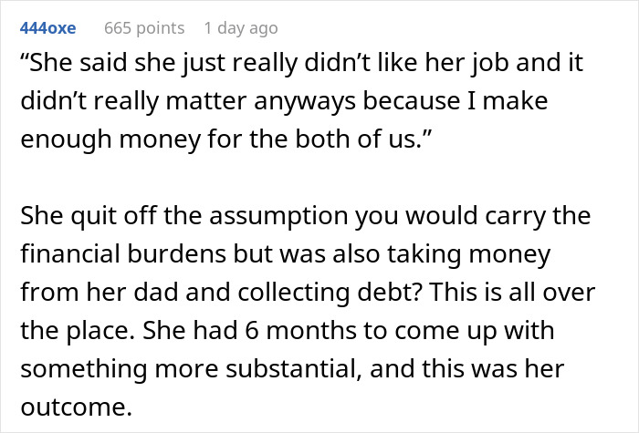 Text post from user 444oxe sharing a story about a girlfriend quitting her job but pretending to work, causing financial strain.